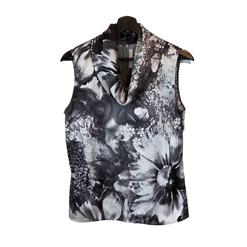 St. John Couture Silk Blend Cowl Neck Blouse Floral Print Black White Sz 6